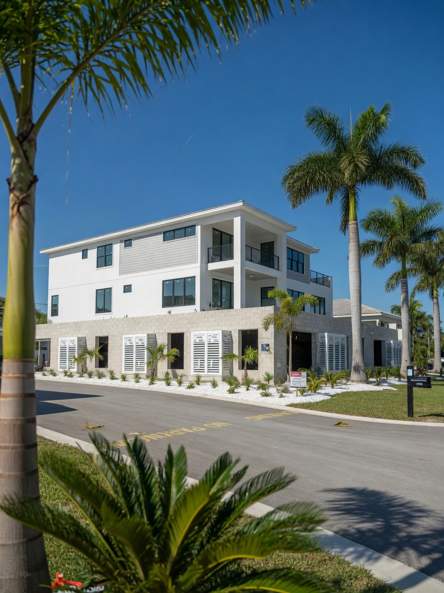 Modern new construction home in Estero FL with flood vents and elevated foundation, clear sunny day with palm trees and professional real estate photography style