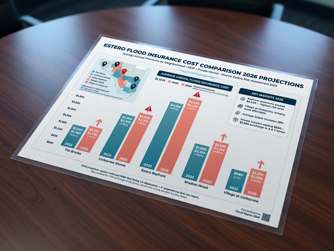 Infographic style image comparing flood insurance costs across different Estero neighborhoods with bar charts, 2026 projections, clean professional design, 8K resolution