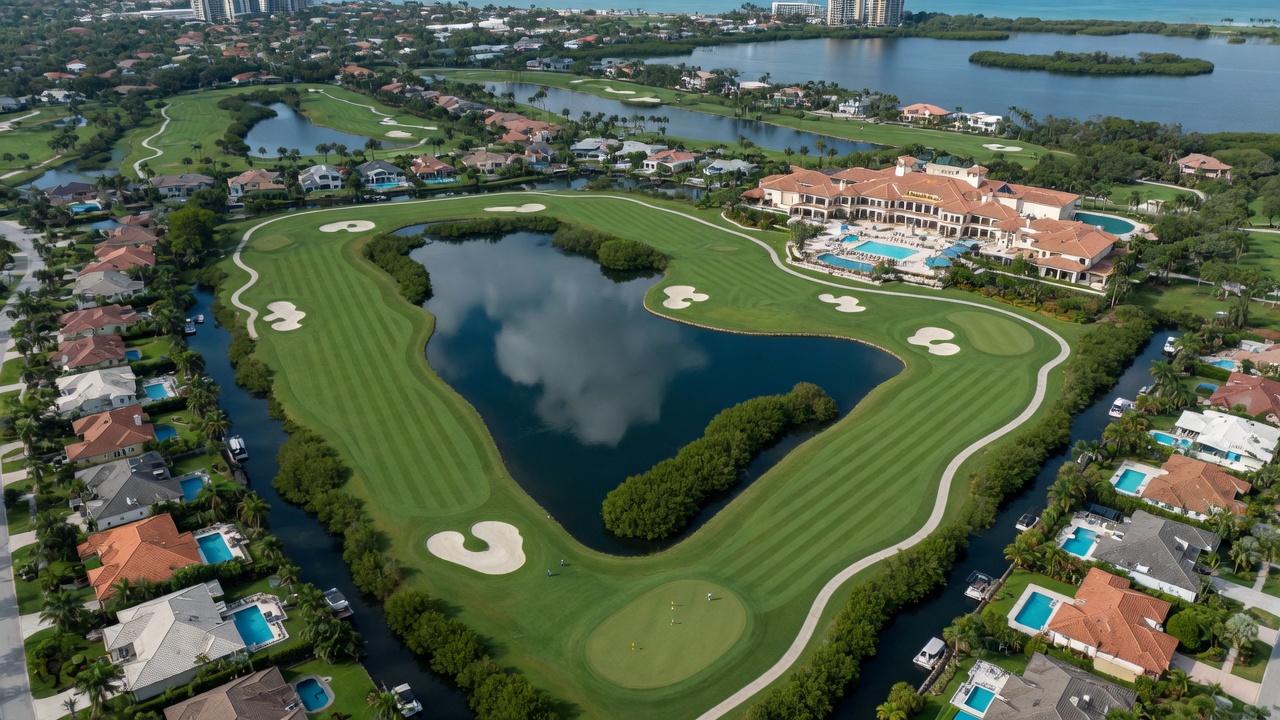 Aerial view of championship golf course at West Bay Club Estero Florida with luxury homes and clubhouse, 8K ultra-detailed landscape photography