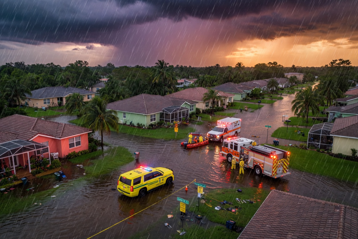 Aerial view of heavy tropical rainfall flooding streets in moderate risk Estero Florida neighborhood with emergency vehicles, realistic dramatic atmosphere