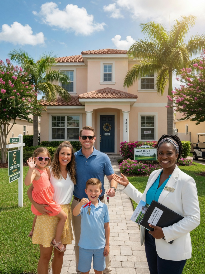 Happy young family standing outside their new home in West Bay Club Estero with real estate agent, sunny Florida day, lifestyle photography