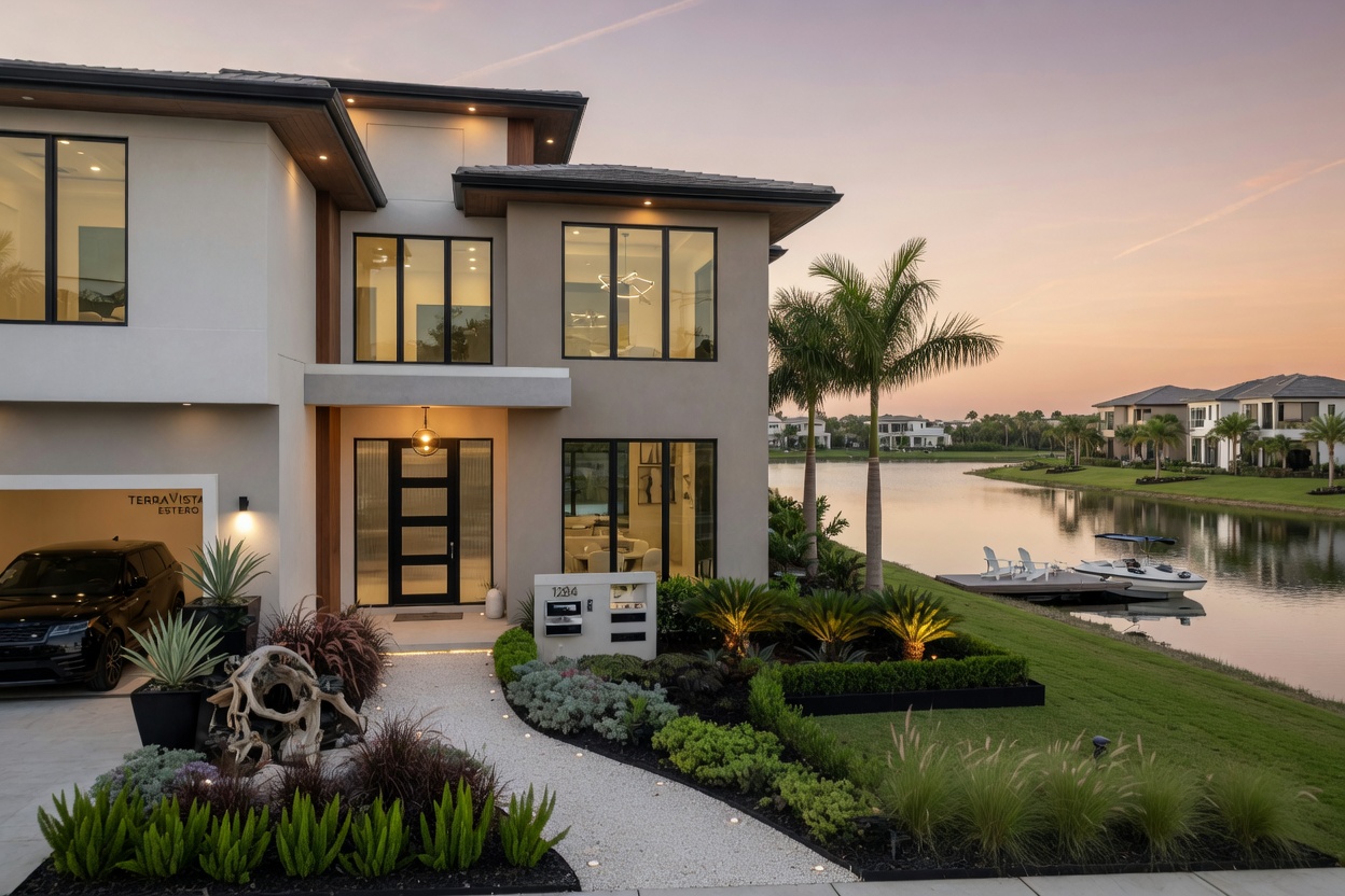 Contemporary new construction home exterior in Terra Vista Estero with modern landscaping and lake views, ultra-realistic 8K image