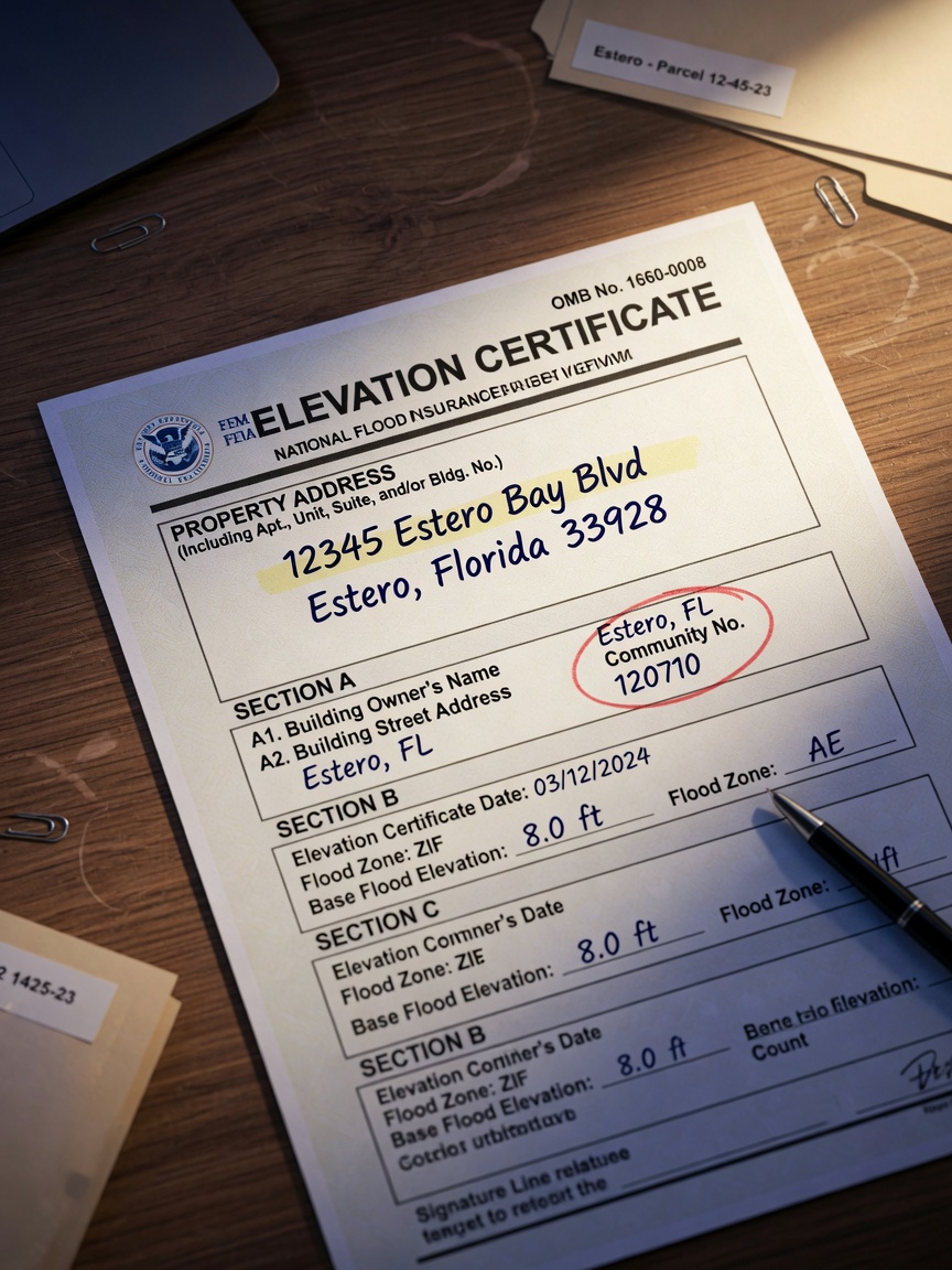 Close-up of official elevation certificate document on wooden desk with Estero Florida property address visible, professional photography
