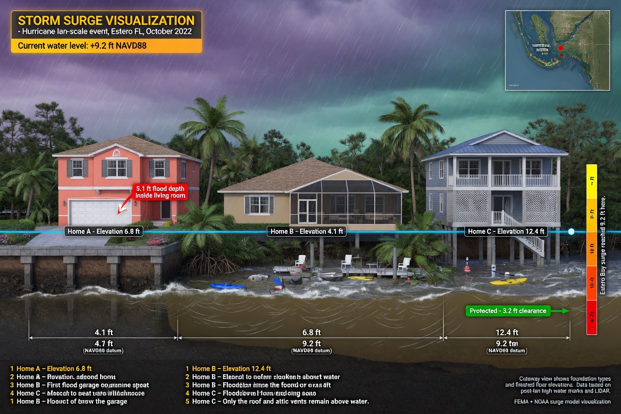 Storm surge visualization showing water levels reaching different elevations of homes in Estero FL, educational cutaway view, ultra-detailed 8K