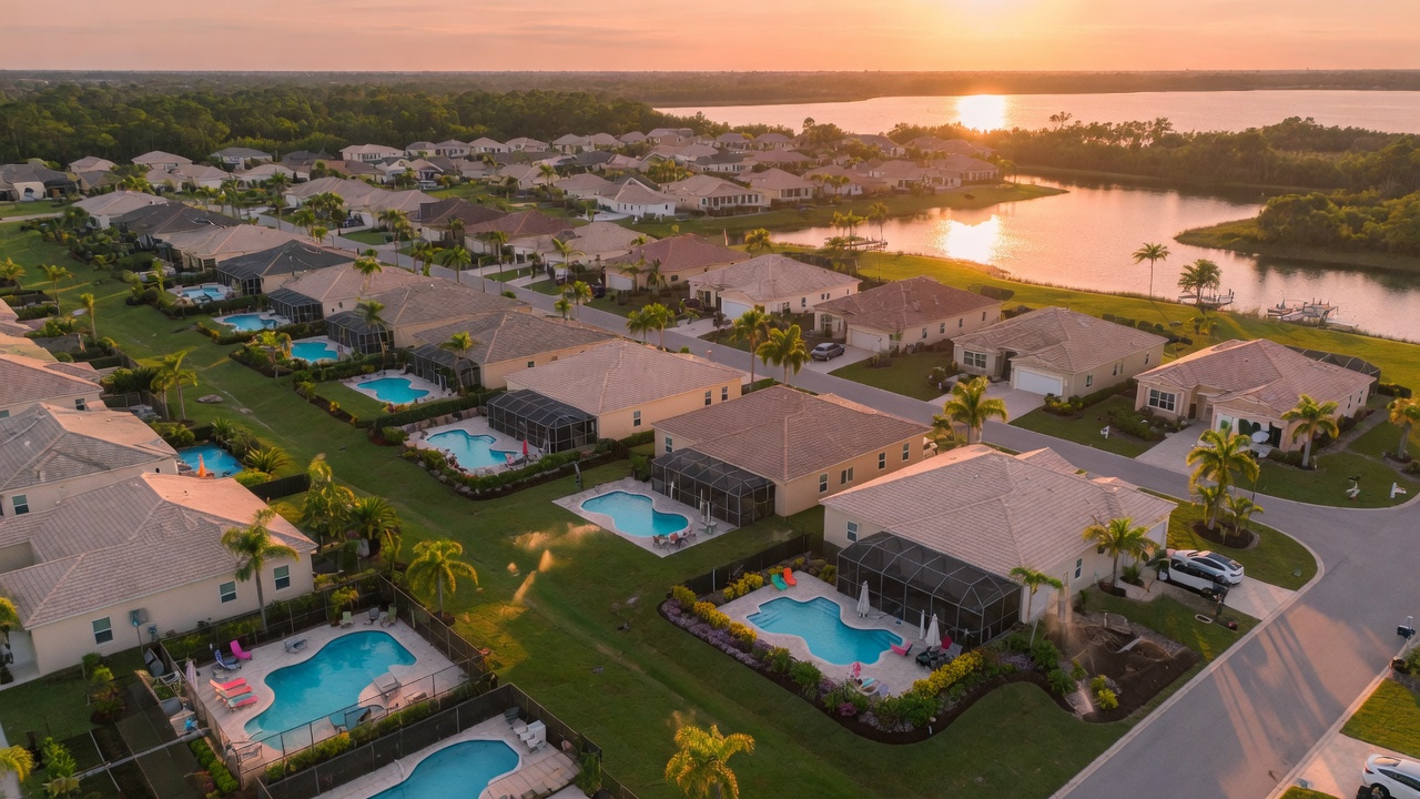 Ultra-realistic 8K aerial photograph of Kingston community in Estero Florida during golden hour showing new single-family homes with swimming pools, lush landscaping, and proximity to waterways, cinematic lighting, highly detailed