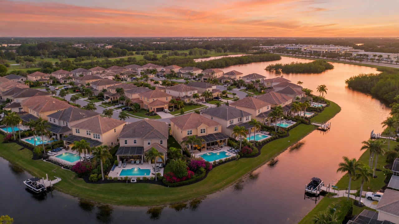 Ultra-realistic 8K aerial photograph of the Kingston community in Estero Florida showing new homes with swimming pools, lush landscaping, and proximity to waterways during golden hour sunset
