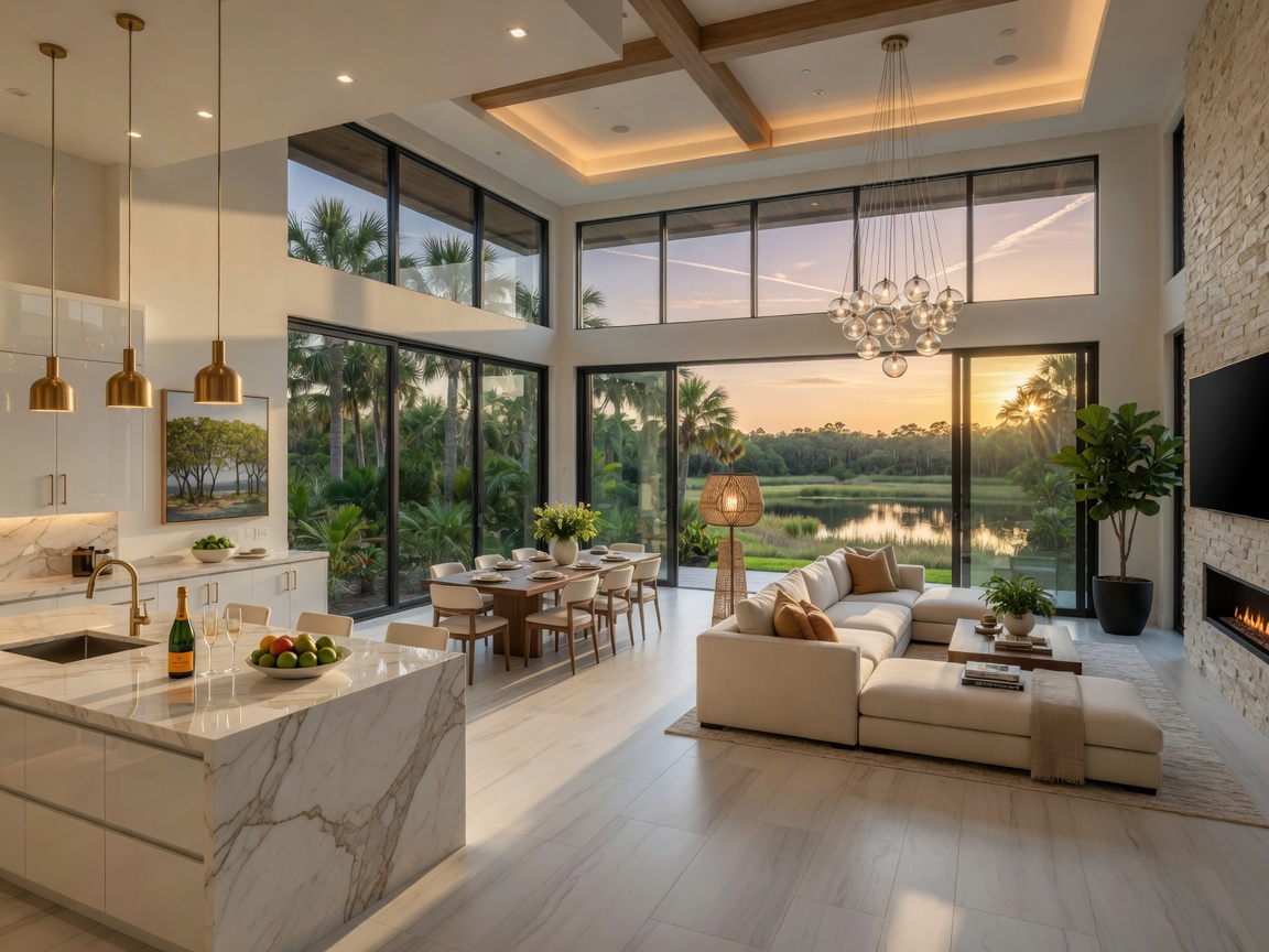 Ultra-realistic 8K image of a brand new luxury single-family home interior in Estero FL with open floor plan and views of nature preserve