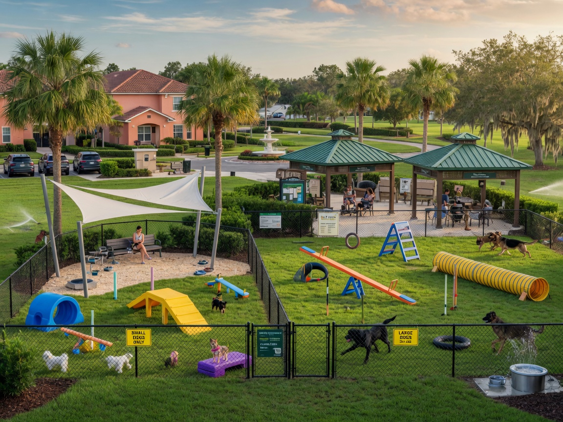 Dog park with separate areas for small and large dogs, agility equipment, and shade structures in a Florida master planned community, 8K photoreal