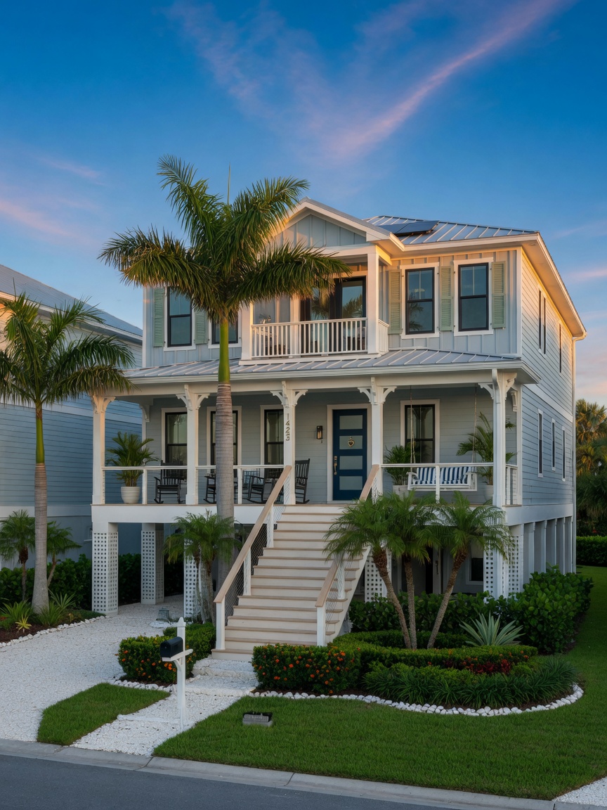 Modern coastal elevation of a new two-story home in Kingston Estero with elevated first floor, wide front porch, palm trees in front yard, perfectly manicured landscaping, blue sky background
