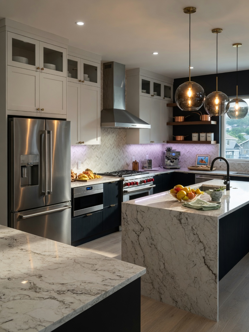 Professional 8K photograph of luxurious kitchen interior in Kingston new home with quartz countertops, stainless steel appliances, and pendant lighting