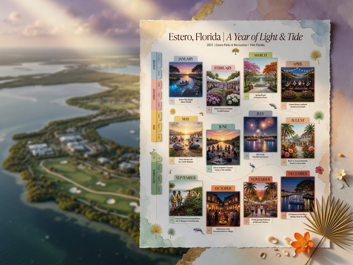 8K hyper-realistic seasonal calendar illustration showing Estero Florida attractions and events throughout the year in an elegant infographic style