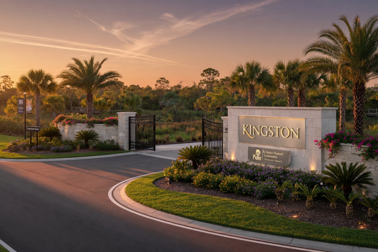 Corkscrew Road entrance rendering to Kingston master planned community with signage, landscaping, and preserve backdrop in Estero FL, golden hour, ultra realistic