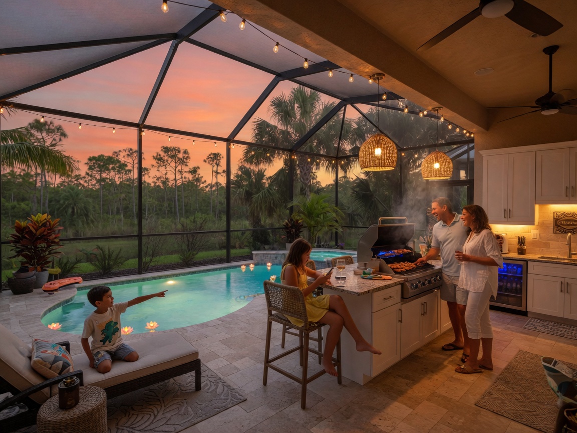 Family enjoying an evening on the screened lanai of their new Kingston Estero home with outdoor kitchen, swimming pool, and beautiful sunset over a preserve view, warm ambient lighting