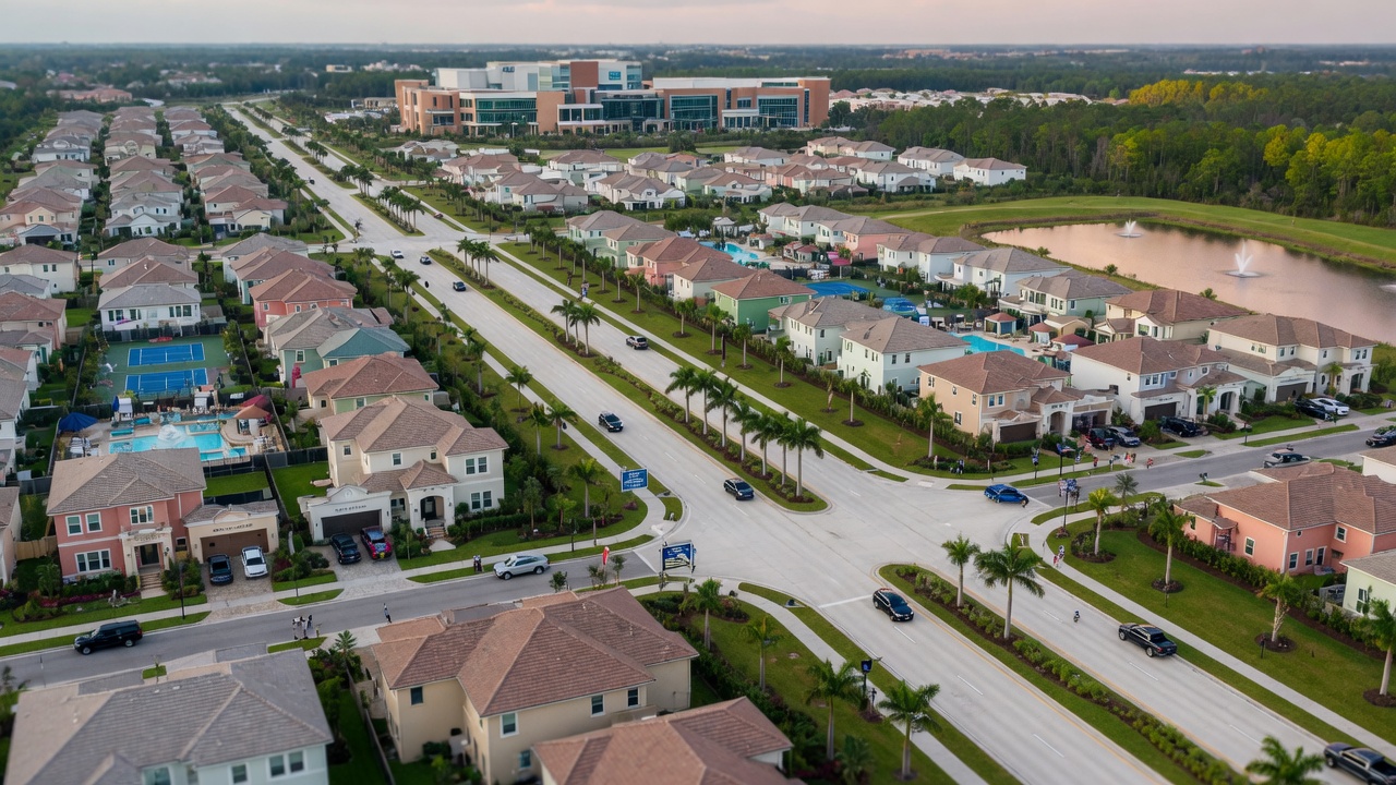 8K aerial view of Three Oaks Parkway and surrounding new home communities in Gateway FGCU 33913 area of Southwest Florida