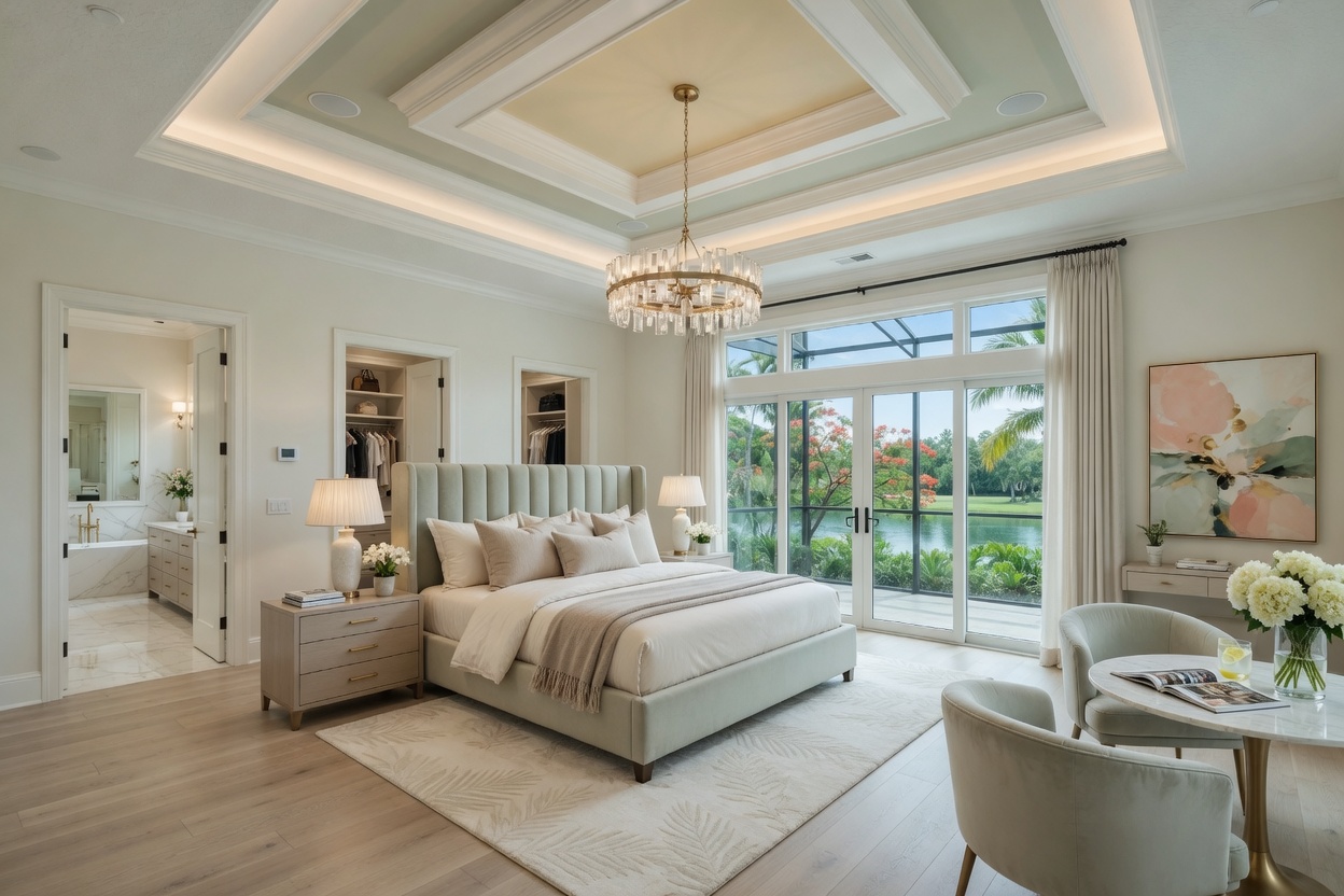 Interior view of a spacious primary bedroom suite in a new construction manor home with large windows and tray ceiling, Estero Florida, 8K realistic