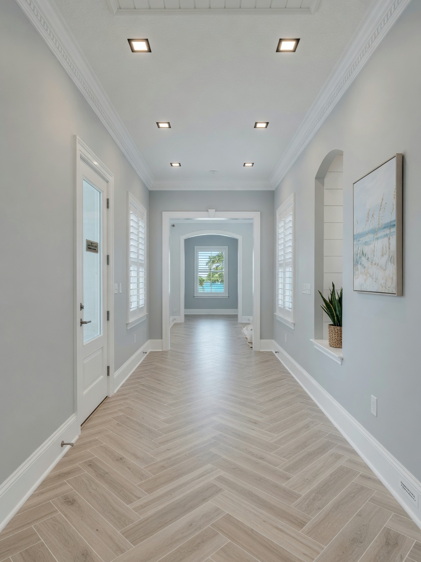 Interior hallway of a newly built home showing high-end flooring, fresh paint, recessed lighting, and attention to coastal Florida building details, clean architectural photography