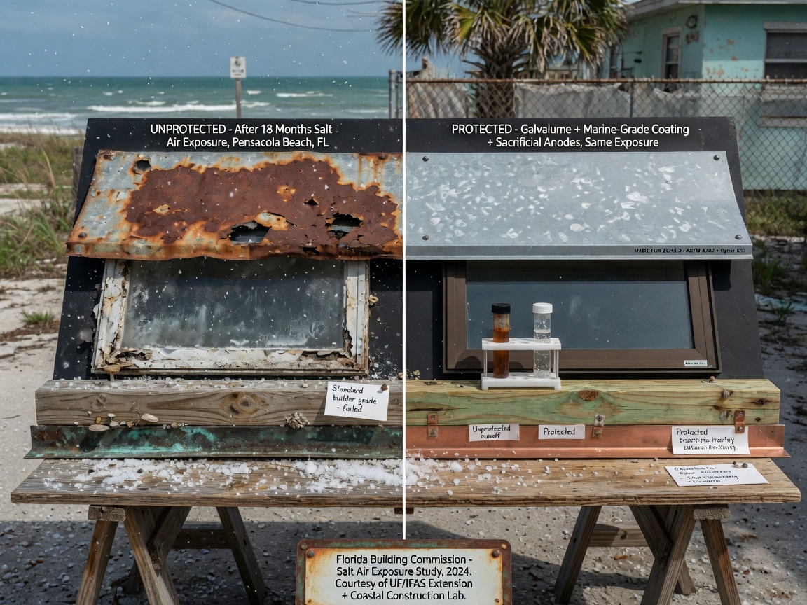 Ultra-detailed 8K image of salt air corrosion demonstration comparing protected versus unprotected building materials used in coastal Florida homes