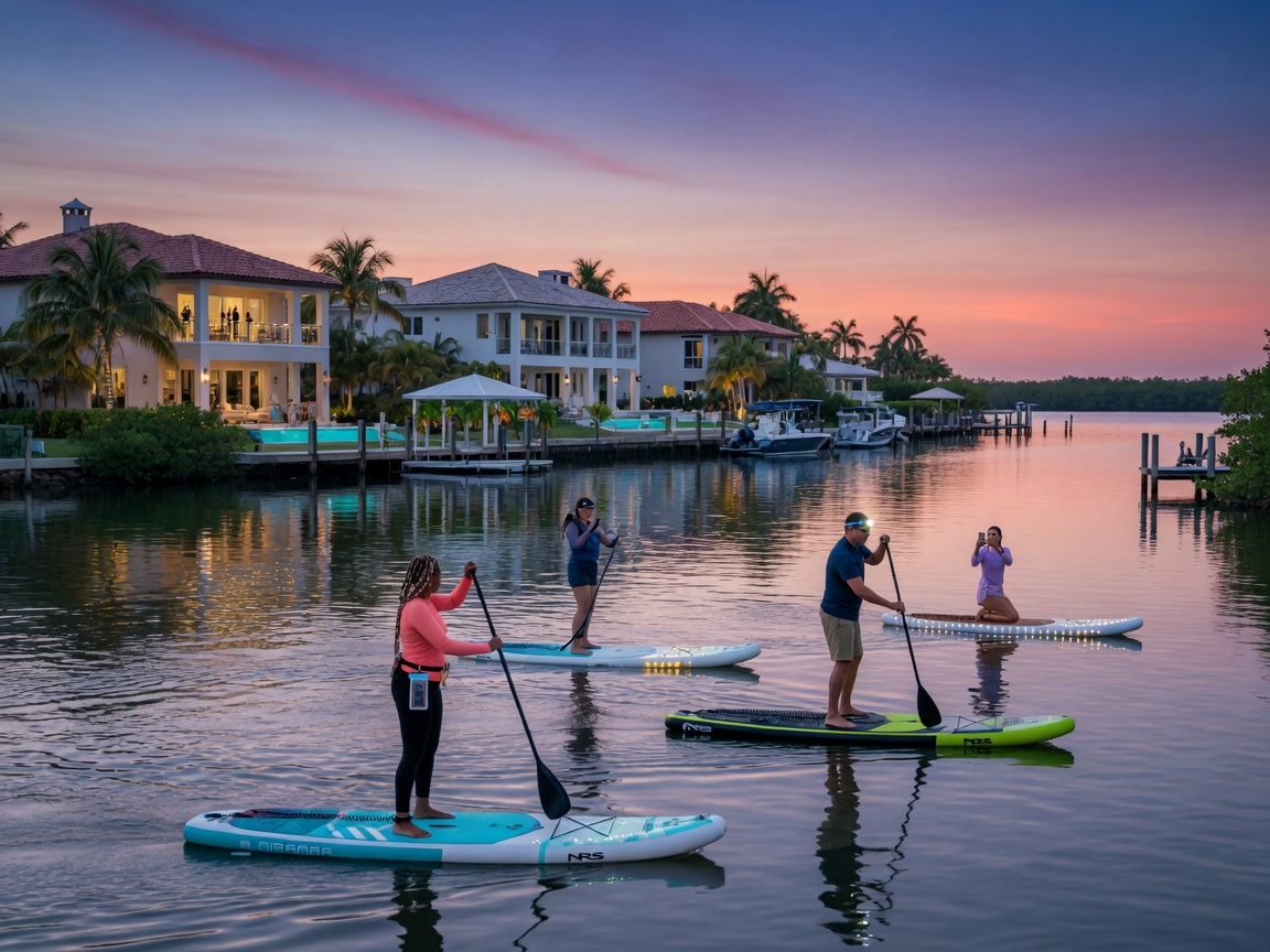 Ultra-detailed 8K image of paddleboarders on calm waters of Estero Bay with luxury waterfront homes visible in the distance at twilight