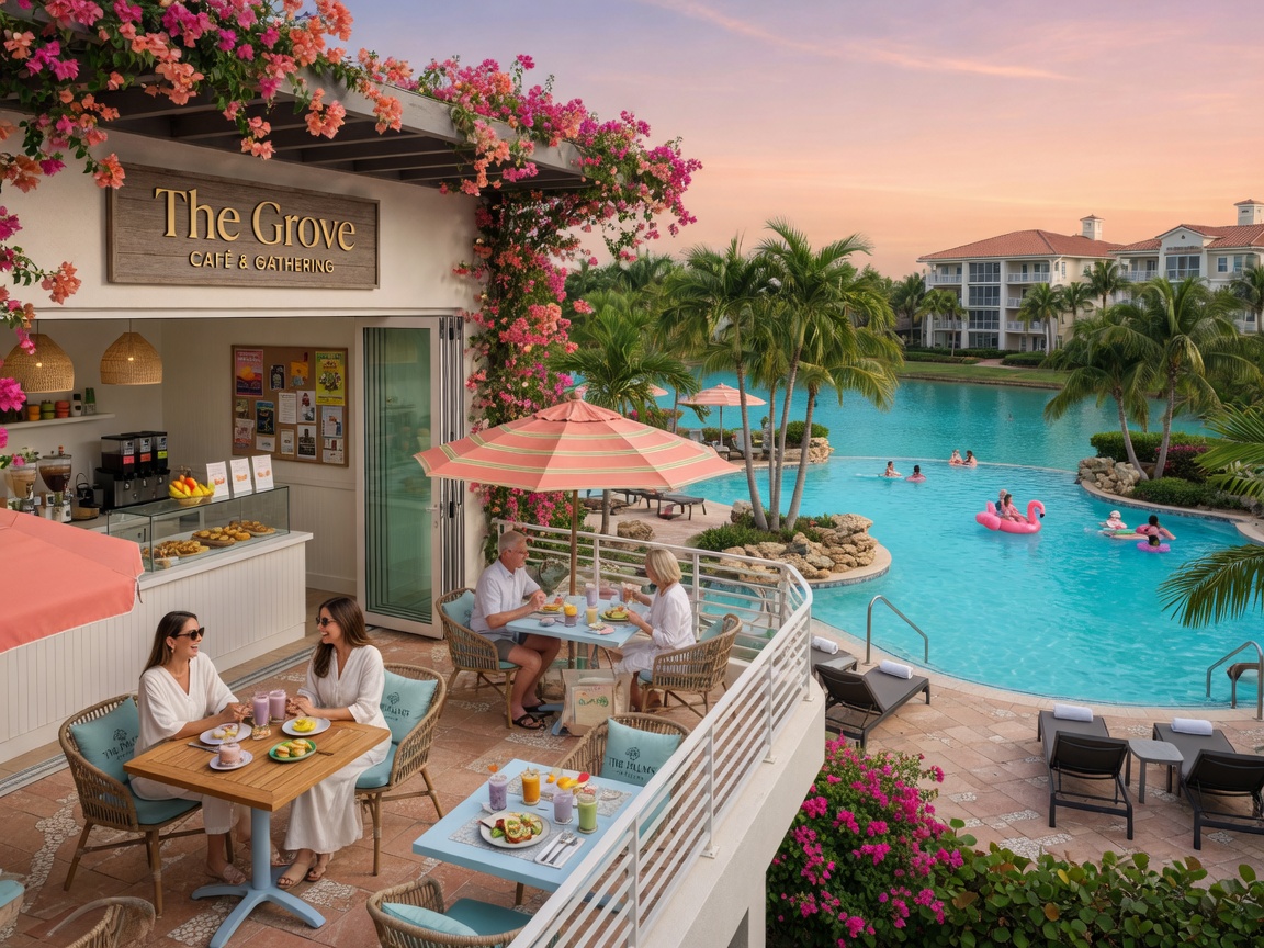 Community café and gathering space with outdoor seating overlooking the resort pool in a Southwest Florida amenity campus, photorealistic 8K