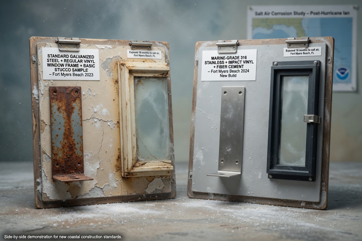 Salt air corrosion demonstration comparing standard vs marine-grade building materials used in Fort Myers Beach new homes, side-by-side realistic product photography