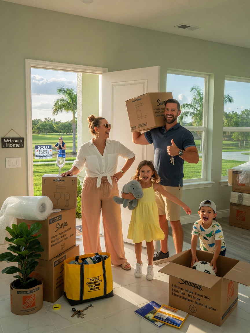 Realistic 8K photo of family moving into brand new home in Estero Florida with moving boxes and smiling parents and children