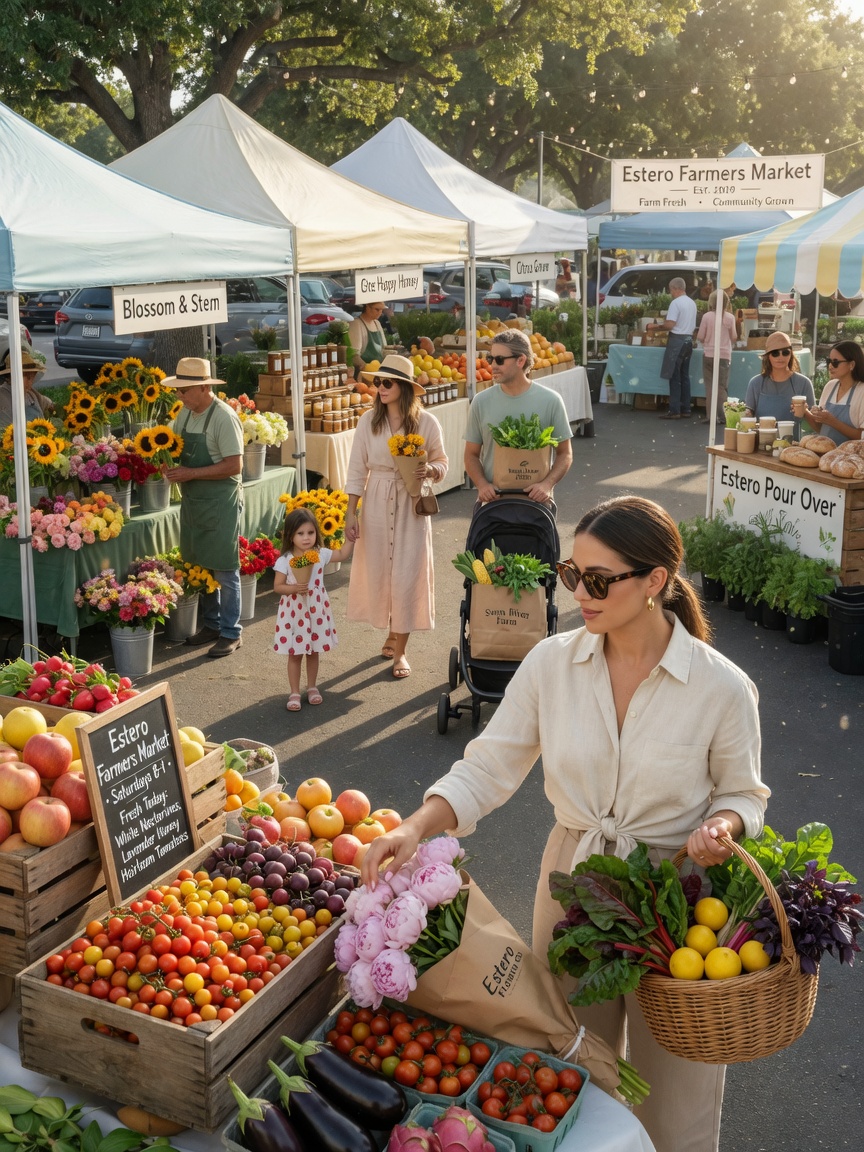 Photorealistic 8K shot of the Estero Farmers Market on a beautiful Saturday morning with fresh produce, flowers and local residents