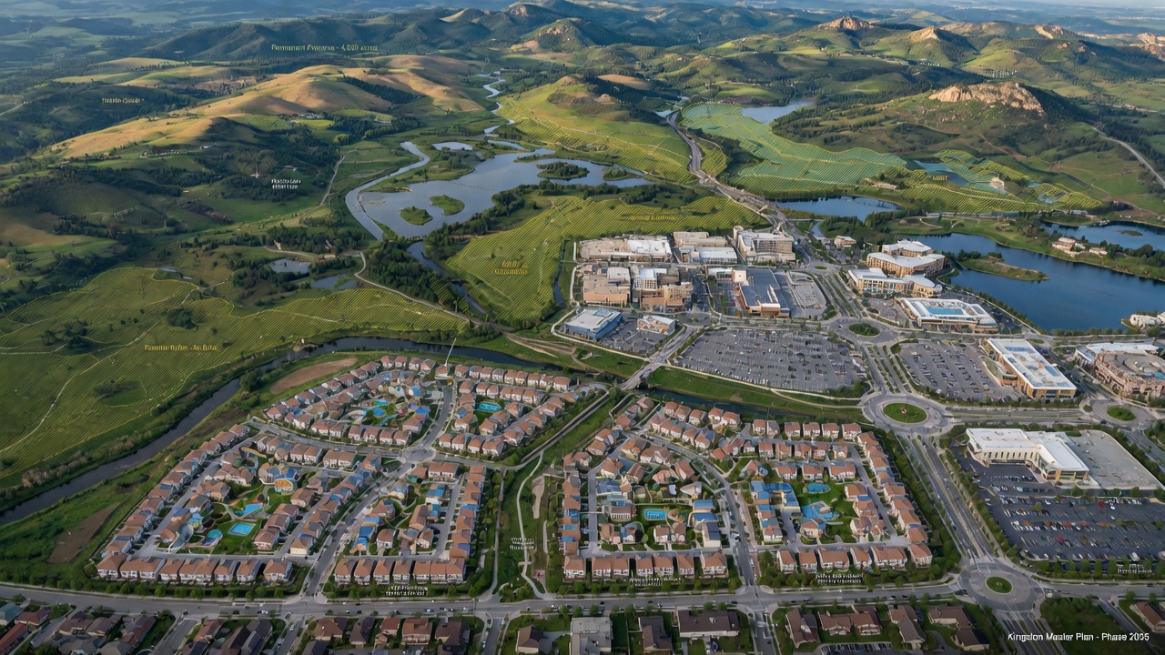 Aerial view showing the scale of the larger Kingston master plan with future residential pods, commercial areas, and extensive preserve land, 8K