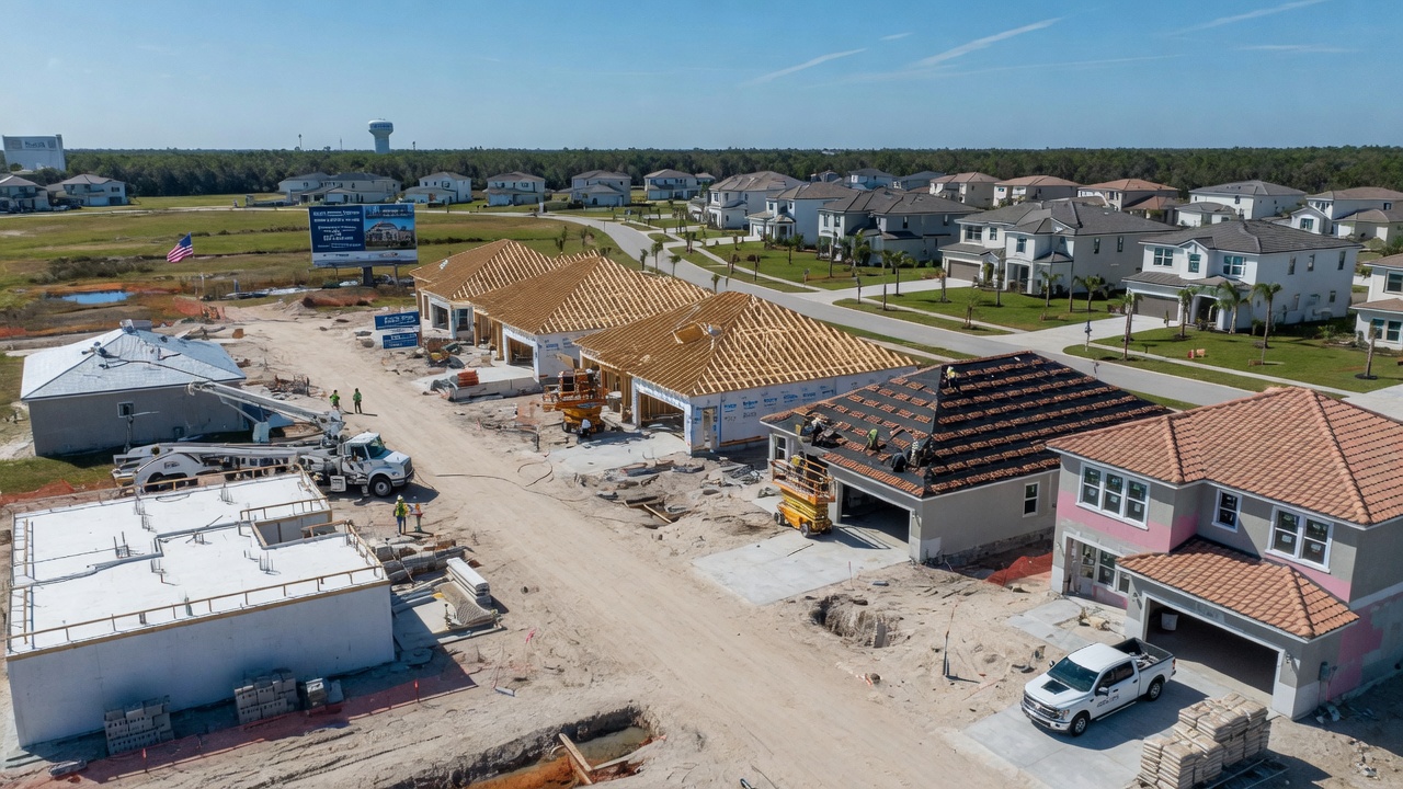 Aerial drone shot of multiple new homes under construction in the Estero Florida area showing different stages of building process, clear sunny day, ultra-detailed 8K