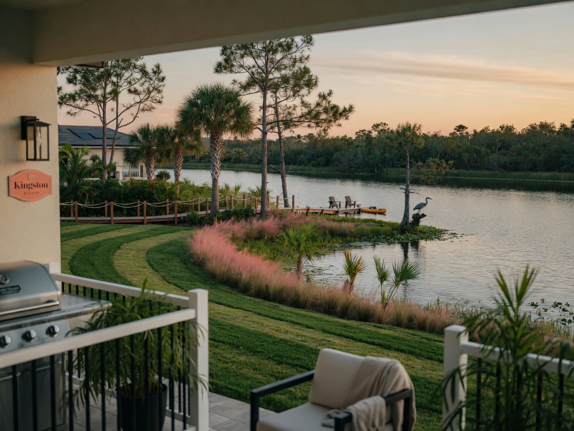 8K cinematic image of preserve view from backyard of new Kingston Estero home with lake and natural Florida vegetation