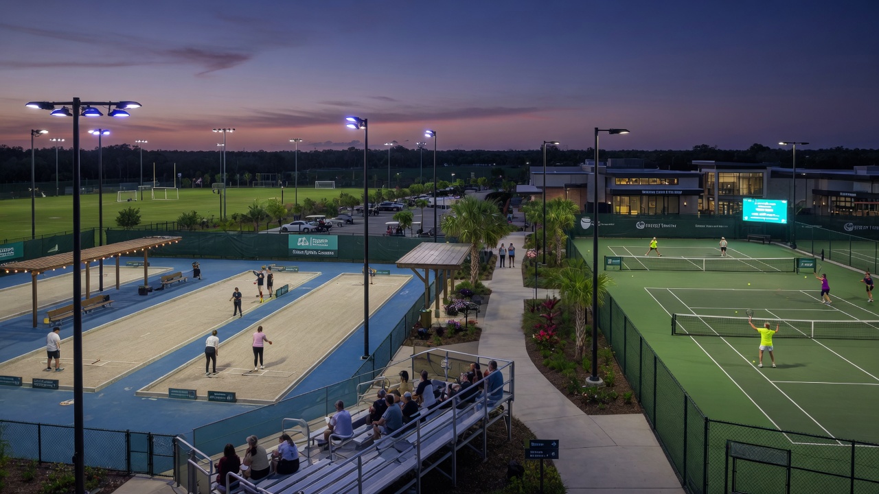 Tennis and bocce ball courts with viewing areas and modern lighting at dusk within a 30-acre sports complex in Estero, realistic 8K image