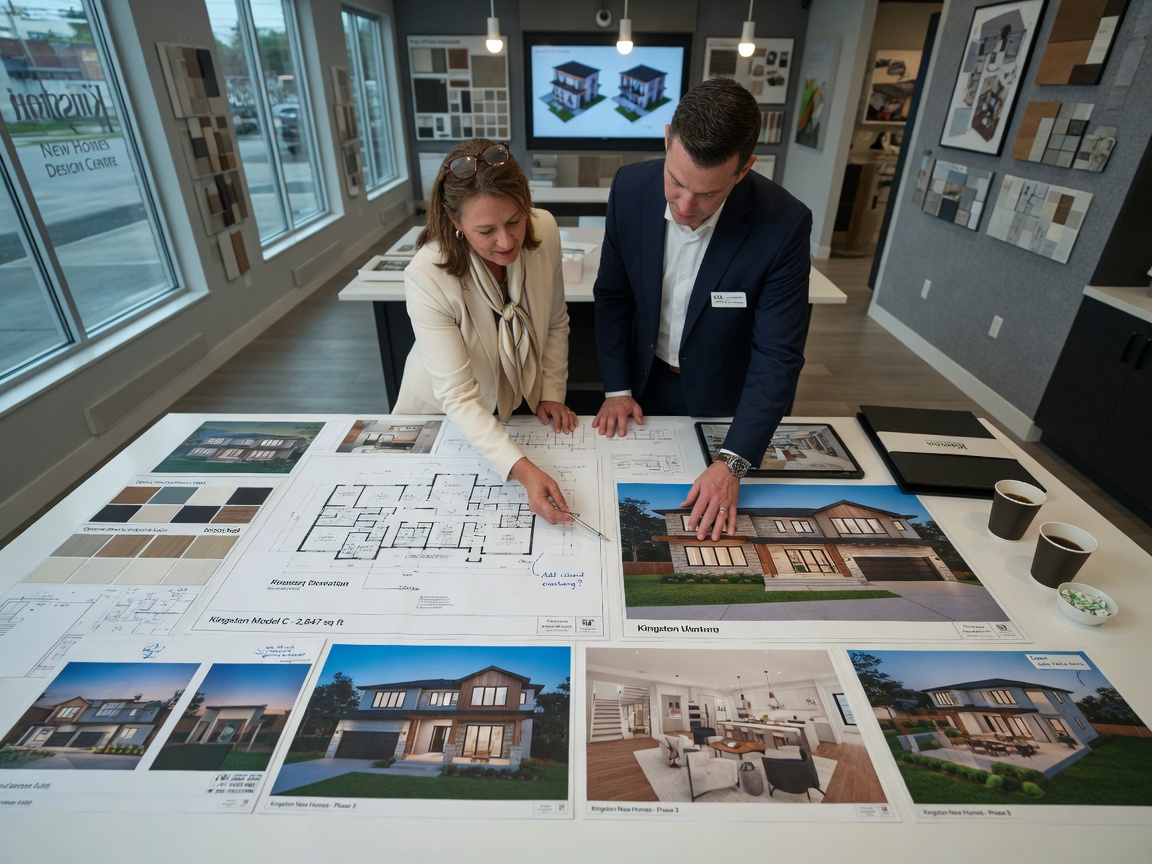 Buyer and real estate agent reviewing architectural floor plans and 3D renderings together at a design center for a Kingston new home, professional and collaborative atmosphere