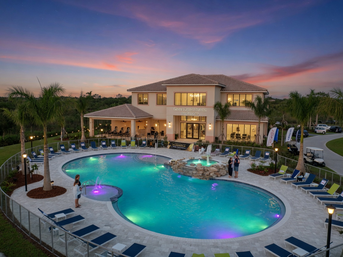Professional 8K photograph of community swimming pool and clubhouse at a new home development in Estero Florida at twilight