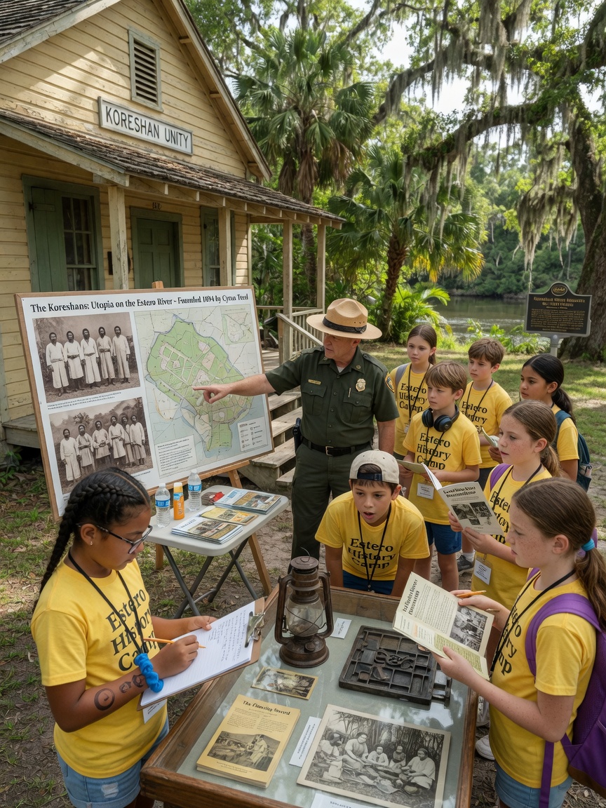 Hyper-realistic 8K image of children learning about local history during an educational tour at Koreshan State Historic Site in Estero