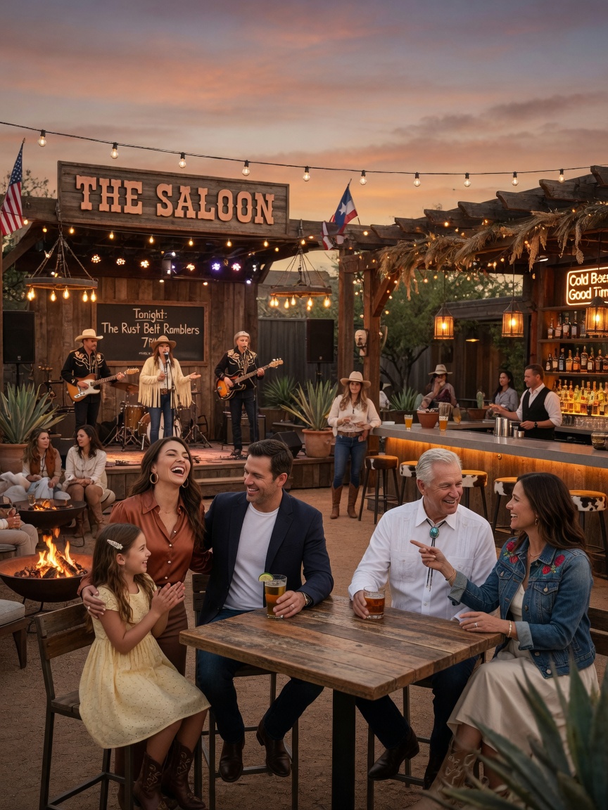 Family enjoying an evening at The Saloon outdoor stage and bar area at a master-planned community amenity center, warm lighting, photorealistic 8K