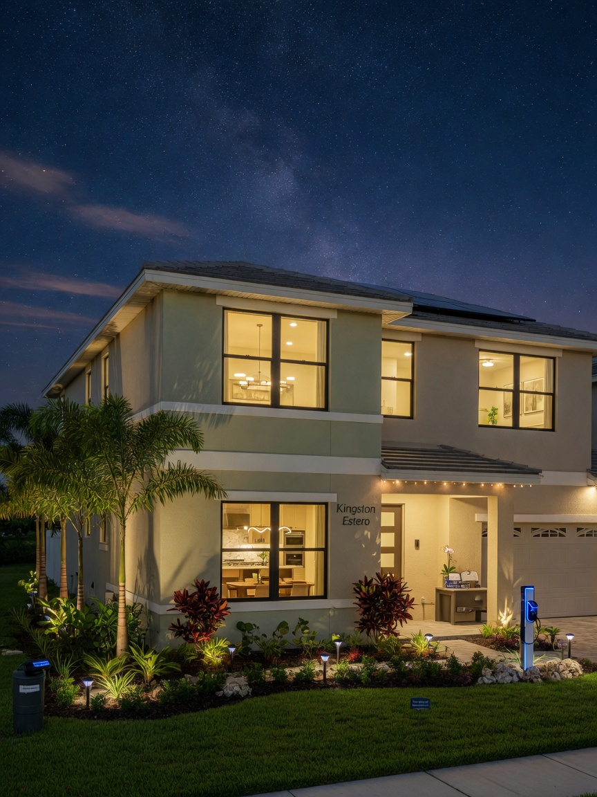 Night view of an energy-efficient Kingston Estero new home with warm interior lights glowing through impact windows, landscape lighting, and starry Florida night sky