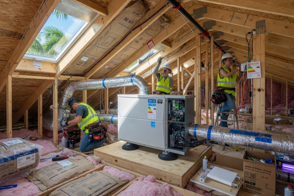 Ultra-realistic 8K image of energy efficient HVAC system installation inside attic of new construction home in Southwest Florida