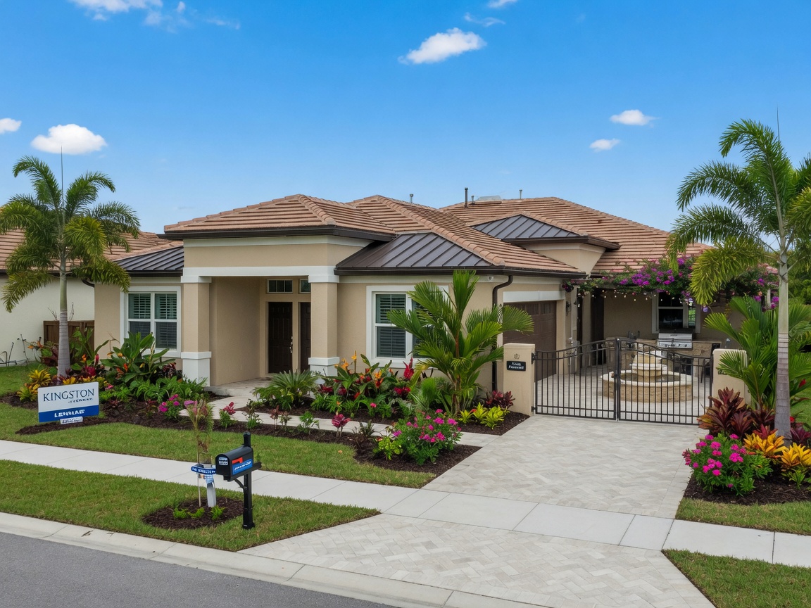 New construction villa home with single-story design, private courtyard, and lush tropical landscaping in Kingston by Lennar Estero, sunny day 8K