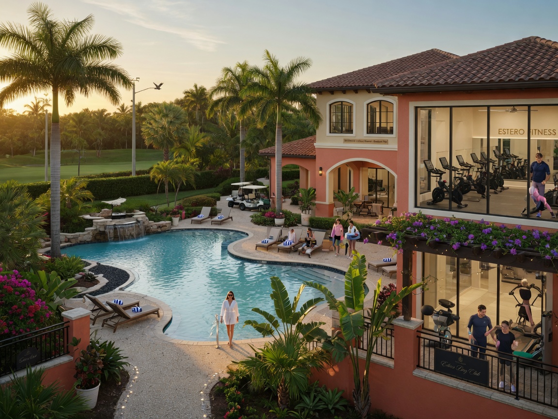 Community amenities at a master-planned Estero Florida neighborhood including resort-style pool, fitness center, and clubhouse, lush tropical landscaping, realistic lifestyle photography