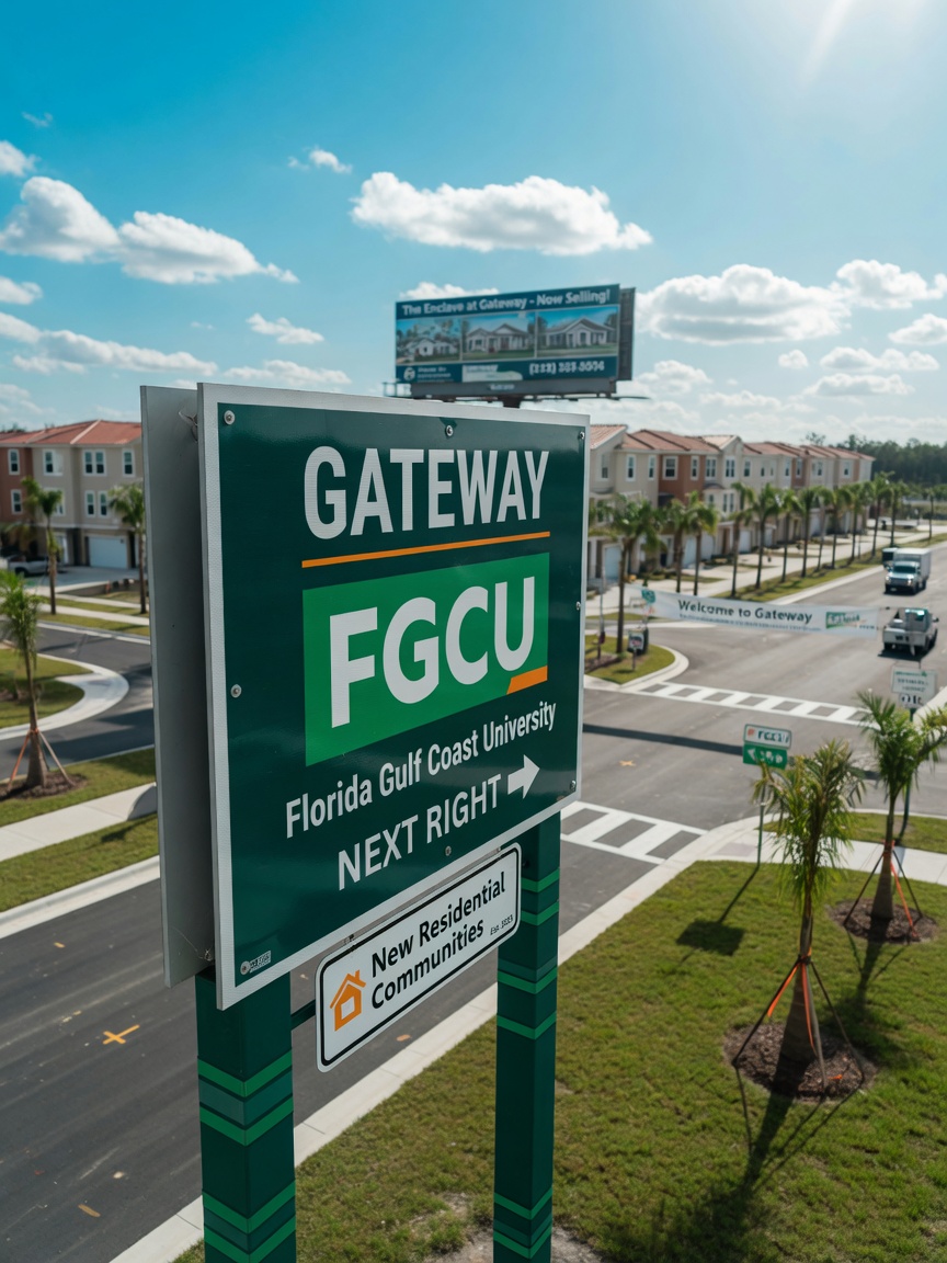 Detailed 8K photo of Gateway FGCU area road sign with new residential communities visible in background under sunny Florida skies