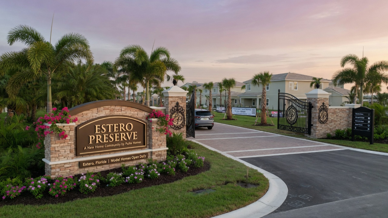 Ultra-realistic 8K wide angle image of a beautiful new construction home community entrance in Estero Florida with lush landscaping and signage