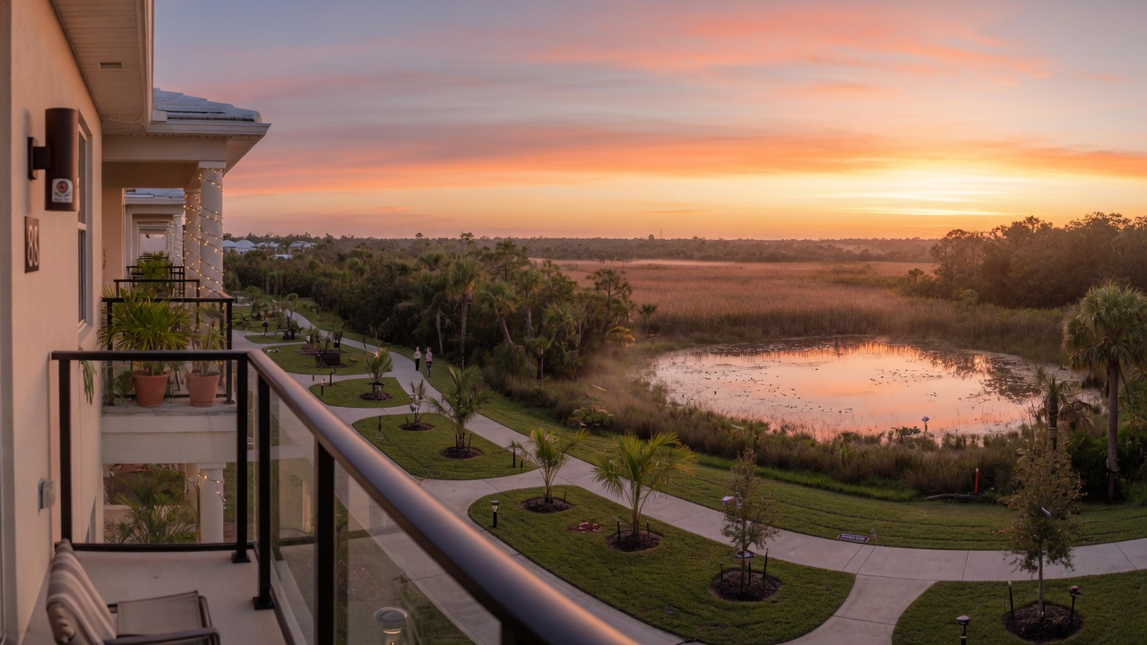Panoramic view from a second-story balcony of a new estate home overlooking community trails and Florida preserve land at sunrise, ultra realistic 8K