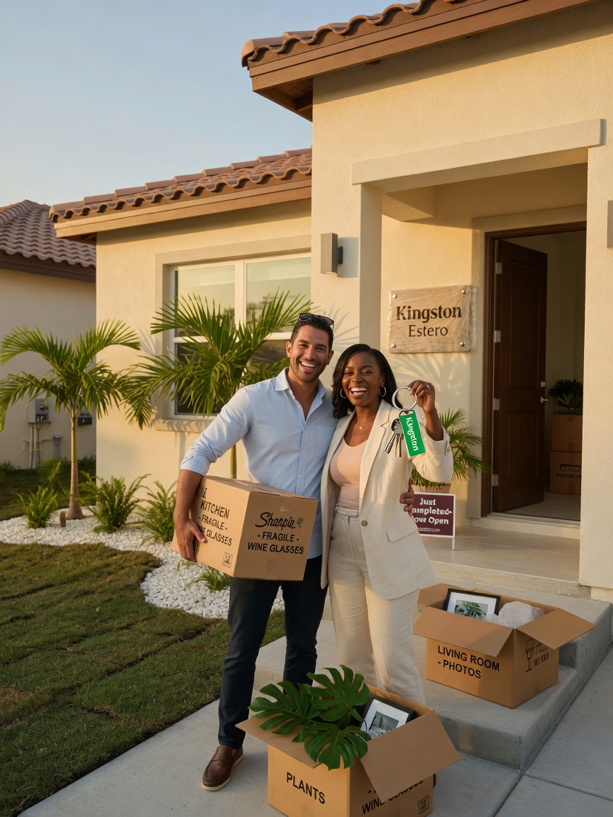 Happy new homeowners standing in front of their just-completed Kingston Estero home holding keys, moving boxes visible, genuine smiles, warm afternoon sunlight, photorealistic 8K