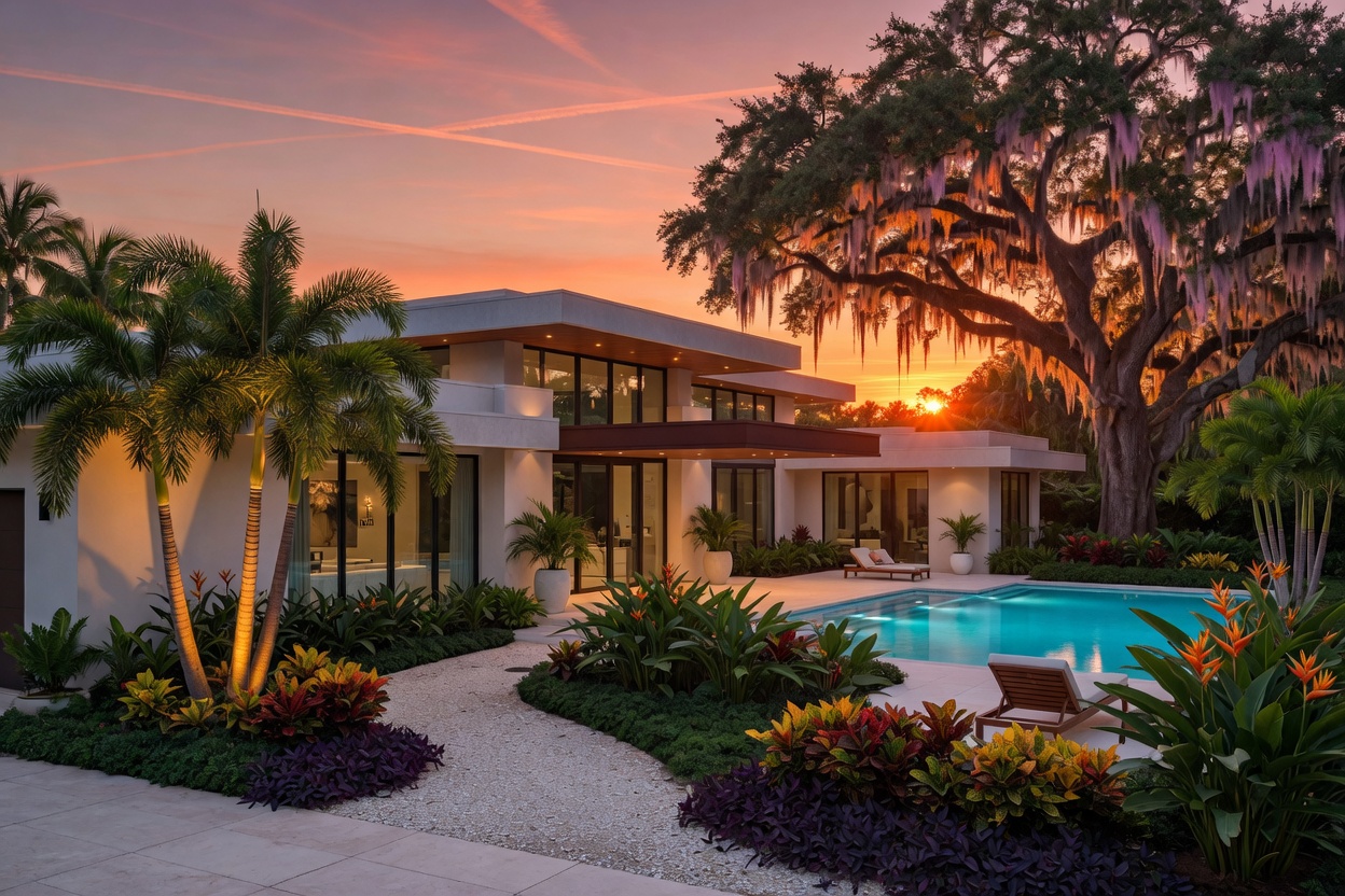 8K cinematic image of a modern luxury home in Estero FL with tropical landscaping and preserved oak trees in the background during sunset
