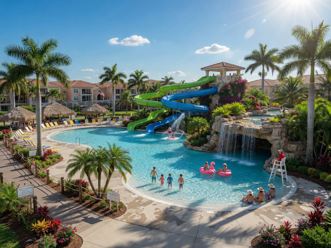 Resort-style community swimming pool with waterslides, waterfalls, and palm tree landscaping in Southwest Florida, sunny day, ultra realistic 8K