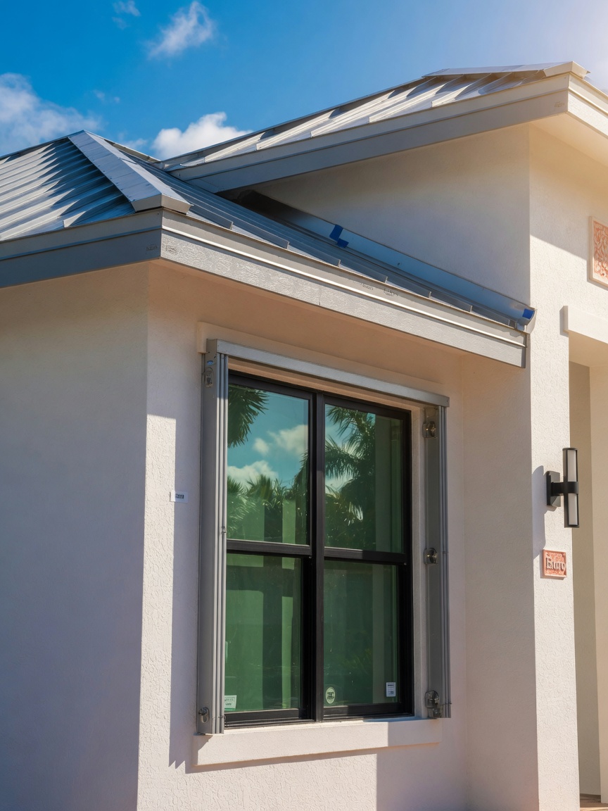Close-up exterior detail of a brand new Kingston Estero home featuring impact resistant windows, modern coastal architectural elements, stucco finish, and corrosion-resistant metal roof accents, bright Florida sunlight