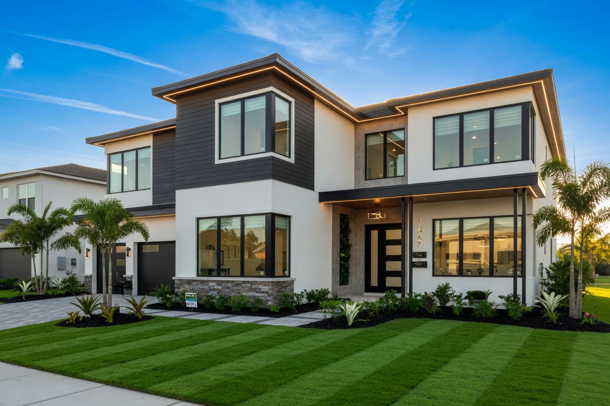 Professional 8K image of modern new construction home exterior in Kingston Estero with impact resistant windows, contemporary architectural details, and perfectly manicured lawn under bright blue Florida sky