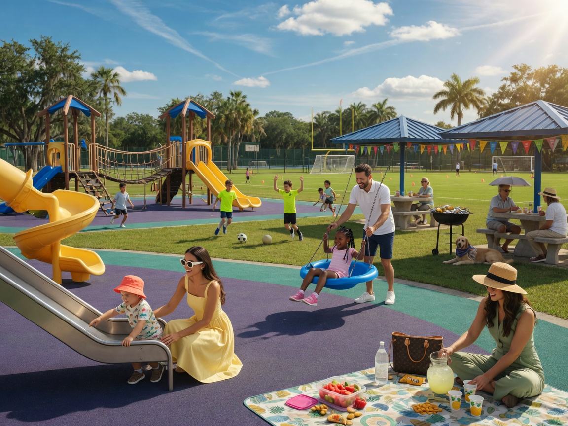 Ultra-detailed 8K photograph of families enjoying a sunny day at Estero Community Park with playground equipment, sports fields and picnic areas