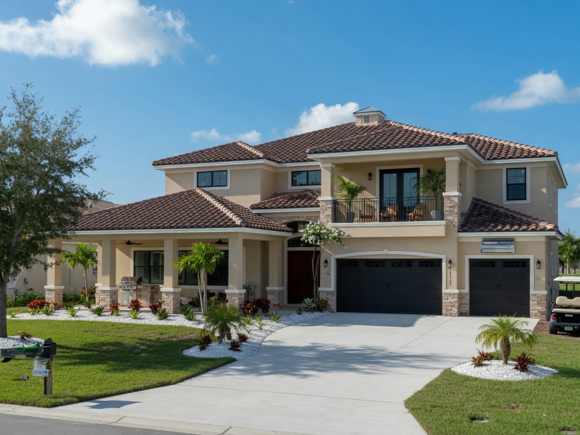 Modern two-story new construction estate home with barrel tile roof, extended lanai, and three-car garage in Estero Florida, bright daylight, photorealistic 8K