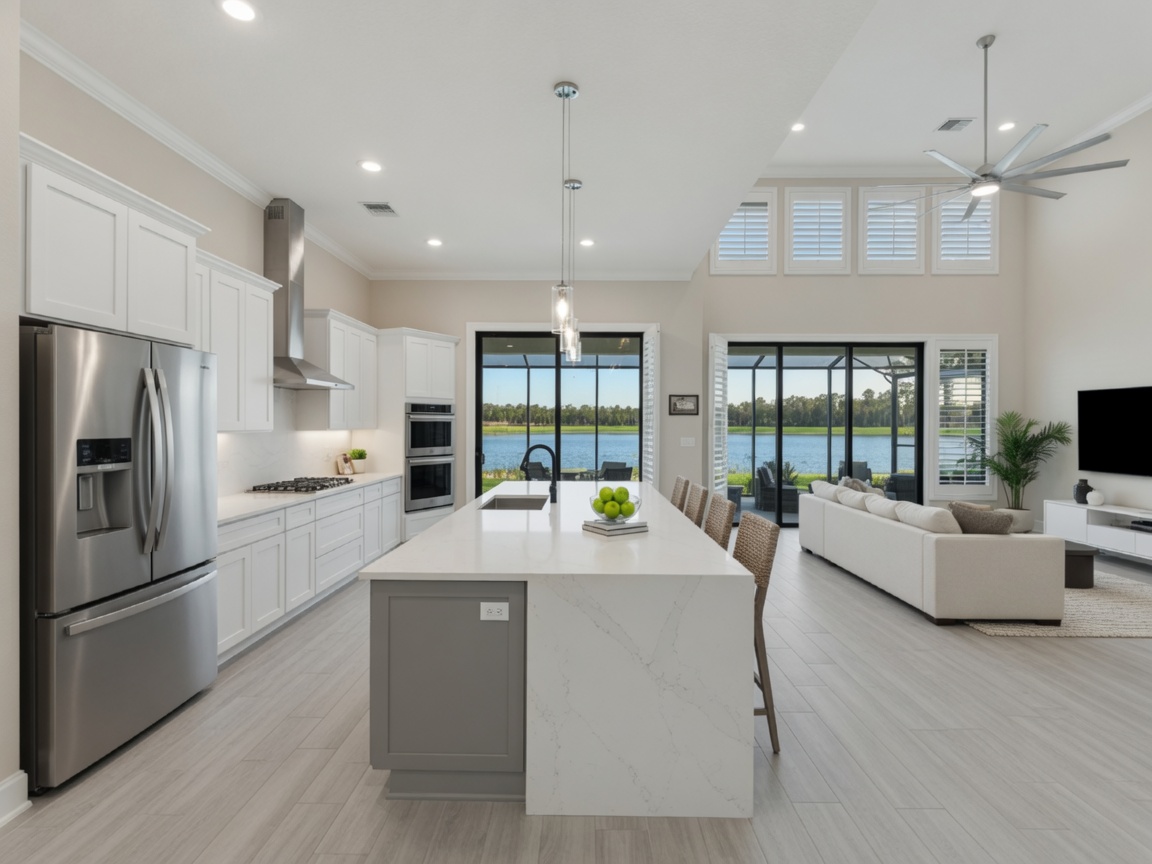 Professional real estate photography of a spacious open-concept kitchen and living area inside a new Kingston Estero home, quartz countertops, stainless steel appliances, large sliding glass doors overlooking a lake, 8K resolution