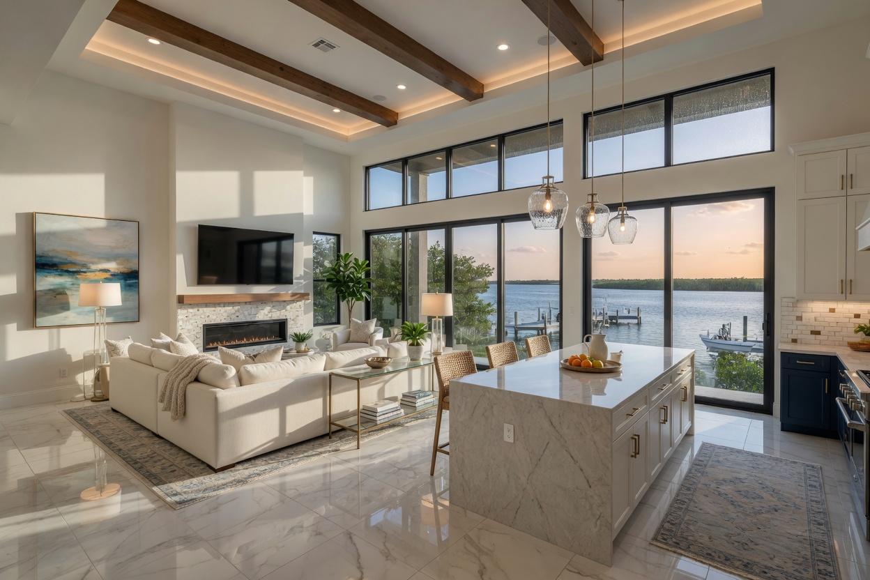 Ultra-detailed 8K interior photograph of open concept great room in a new Kingston Estero home featuring high ceilings, large windows with water views, and premium finishes